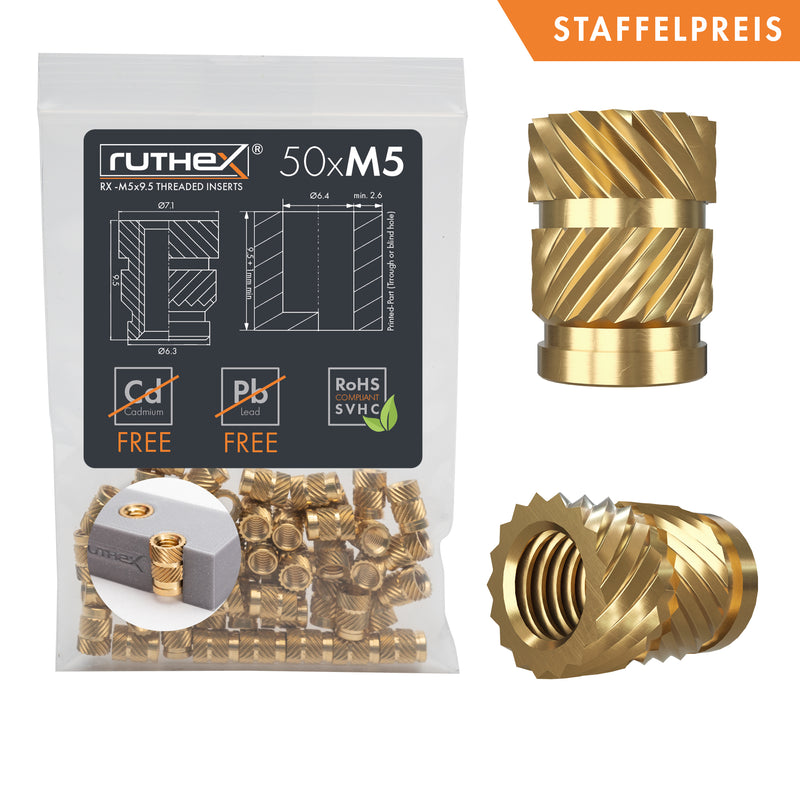 ruthex M5 Gewindeeinsatz - 50 Stück RX-M5x9.5 Messing Gewindebuchsen für 3D Druck-Teile aus Kunststoff