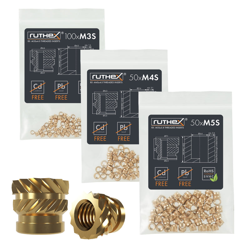 ruthex M3S + M4S + M5S Short Gewindeeinsatz Bundle – 100 + 50 + 50 Stück Messing Gewindebuchsen für 3D Druck-Teile aus Kunststoff
