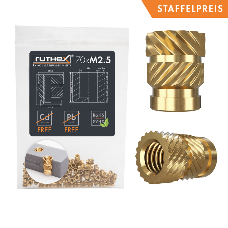 ruthex M2,5 Gewindeeinsatz – 70 Stück RX-M2,5x5.7 Messing Gewindebuchsen für 3D Druck-Teile aus Kunststoff