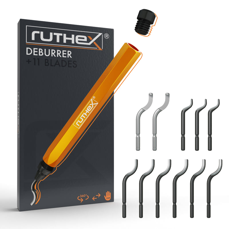 ruthex deburrer including 11 blades for plastic, metal, stainless steel, copper - ideal for 3D printing - hand deburrer with STAUFACH in the handle - 360° rotating blades - deburrer blades for drilling