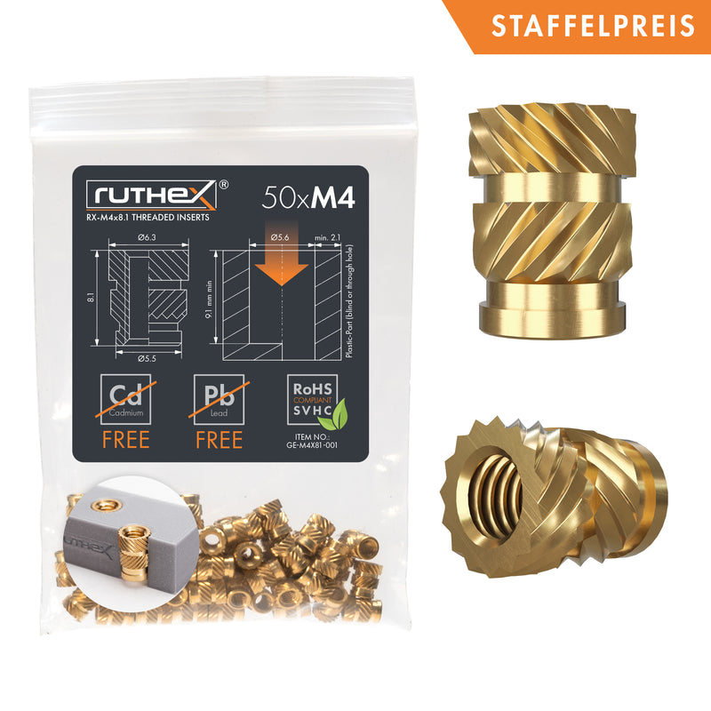 ruthex M4 thread insert - 50 pieces RX-M4x8.1 brass threaded bushings for 3D printed plastic parts
