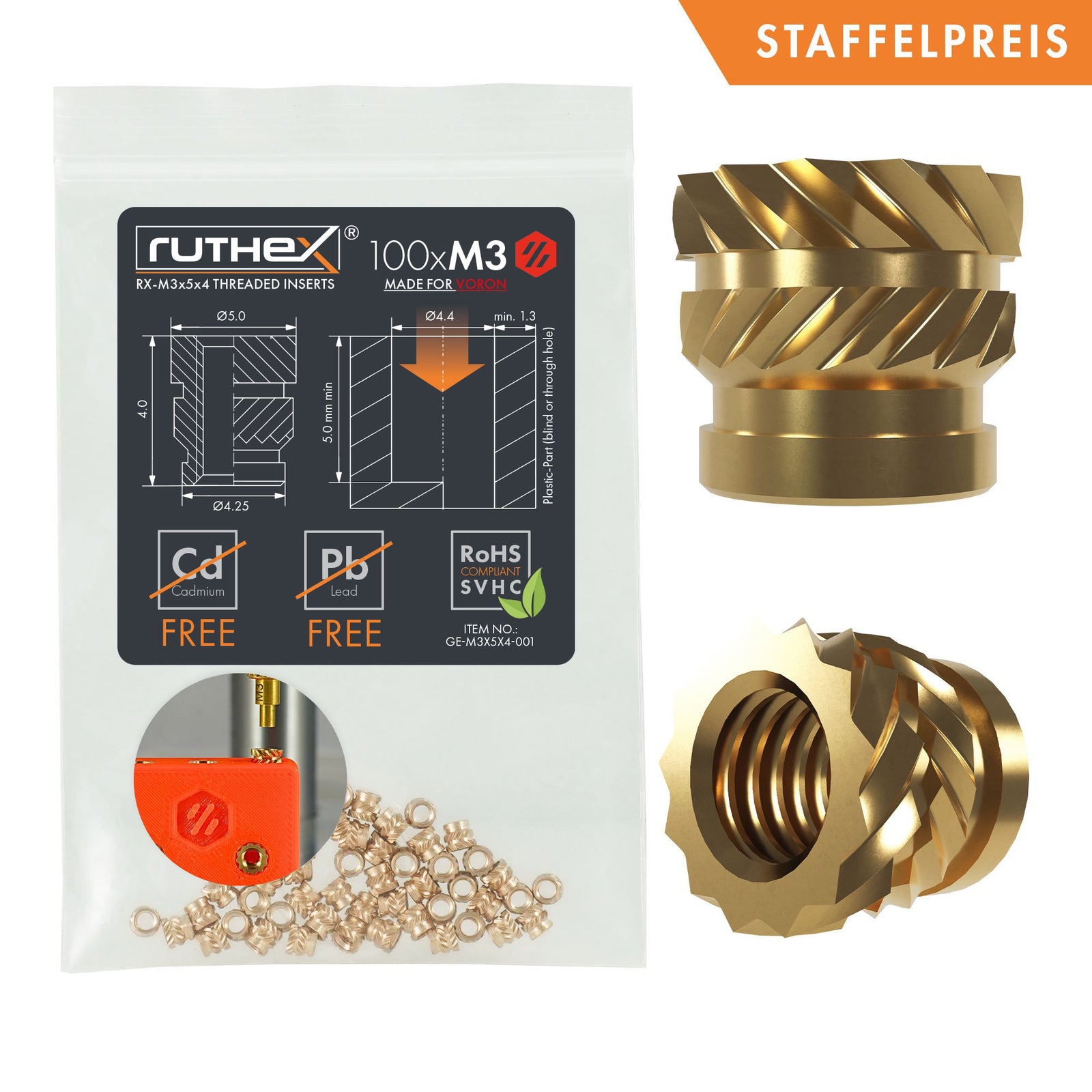 ruthex thread insert M3 (100 pieces) - Made for VORON - RX-M3x5x4