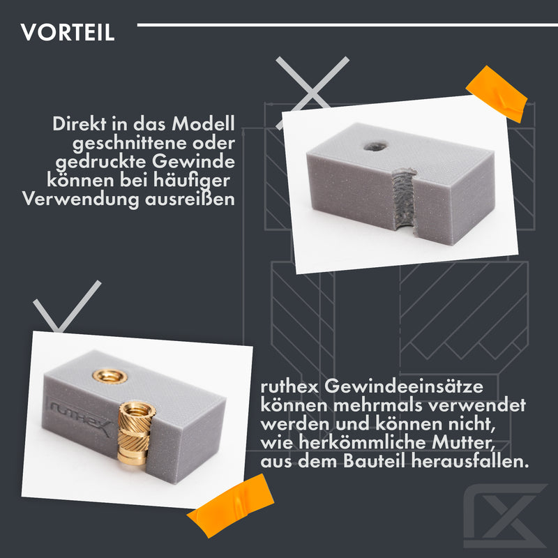 ruthex 5/16" Gewindeeinsatz Zoll (UNC) – 20  Stück RX-5/16“-18-x12.7 Gewindebuchsen aus Messing – stabile Einpressmutter – durch Wärme in 3D-Druck-Teile aus Kunststoff einsetzbar