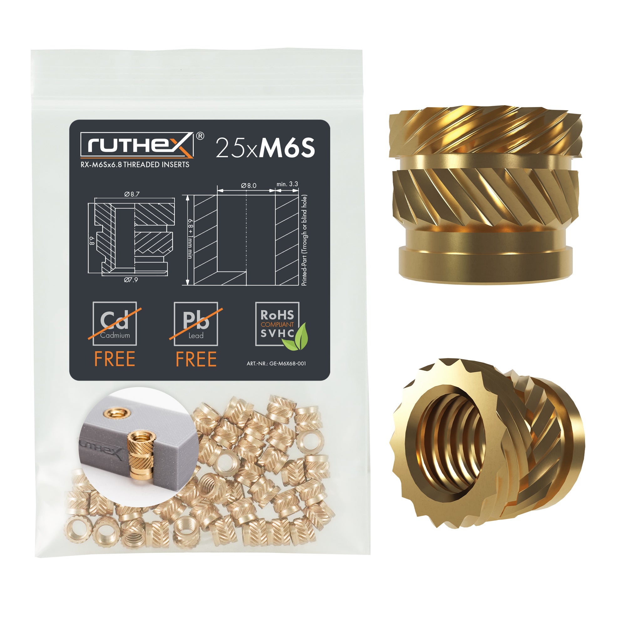 ruthex M6 thread insert SHORT – 25 pieces RX-M6x6.8 for 3D printing