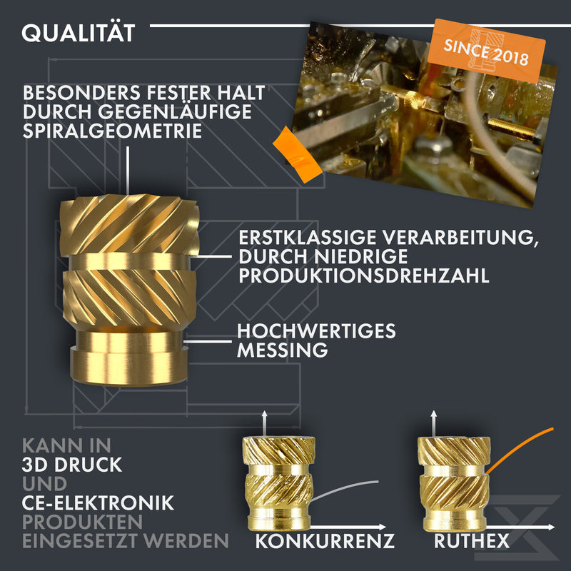 ruthex M6 Gewindeeinsatz SHORT – 25 Stück RX-M6x6.8 Gewindebuchsen aus Messing – stabile Einpressmutter für Kunststoffteile – durch Wärme in 3D-Druck-Teile aus Kunststoff einsetzbar