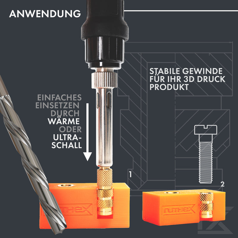 ruthex M6 Gewindeeinsatz SHORT – 25 Stück RX-M6x6.8 Gewindebuchsen aus Messing – stabile Einpressmutter für Kunststoffteile – durch Wärme in 3D-Druck-Teile aus Kunststoff einsetzbar