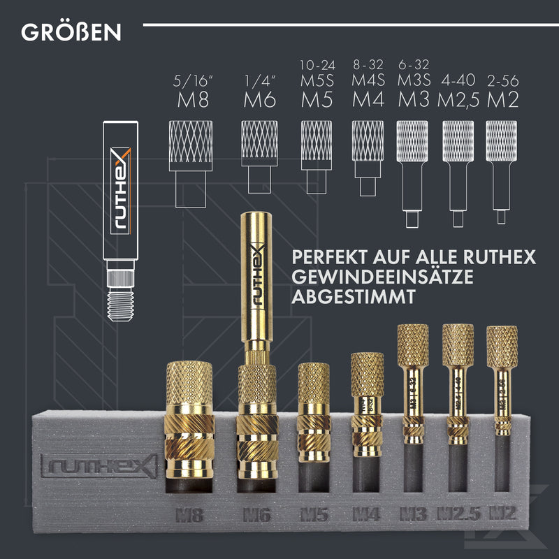 ruthex M2 + M3 + M4 + M5 Gewindeeinsätze Sortimentskasten + Lötspitzen Set – 70 + 100 + 50 + 50 Stück Messing Gewindebuchsen für 3D Druck-Teile aus Kunststoff