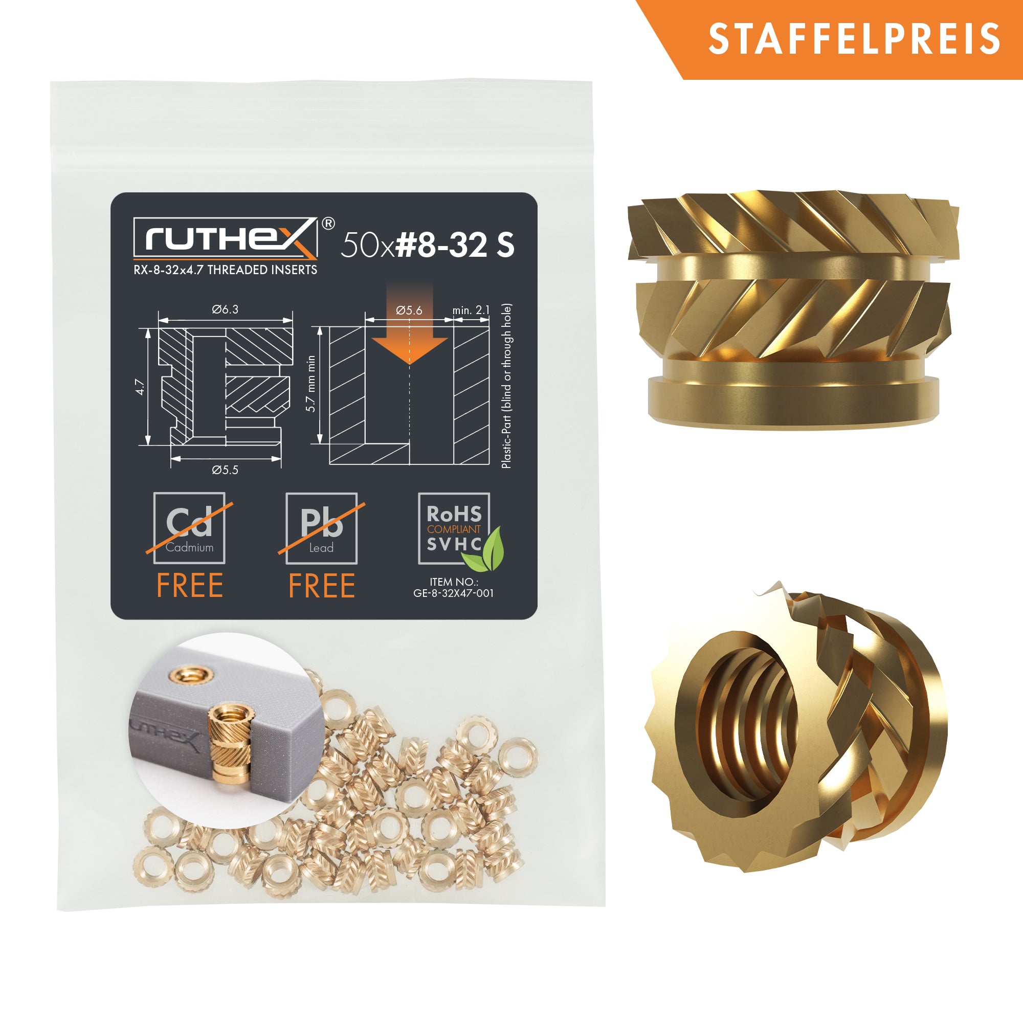 ruthex #8-32 short thread insert inch (UNC) - 50 pieces RX-8-32x4.7 br