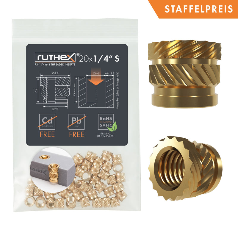 Ruthex 1/4" filetage pour appareil photo en pouces (UNC) - 20 pièces douilles filetées en laiton RX-1/4" 20x6,4 pour pièces en plastique imprimées en 3D