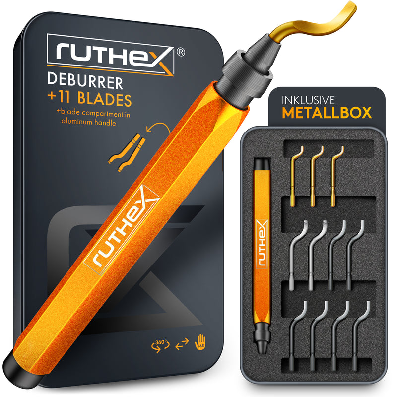 ruthex Entgrater inkl. 11 Klingen für Kunststoff, Metall, Edelstahl, Kupfer - ideal im 3D Druck - Handentgrater mit STAUFACH im Griff - 360° rotierende Klingen - Entgraterklingen für Bohrungen