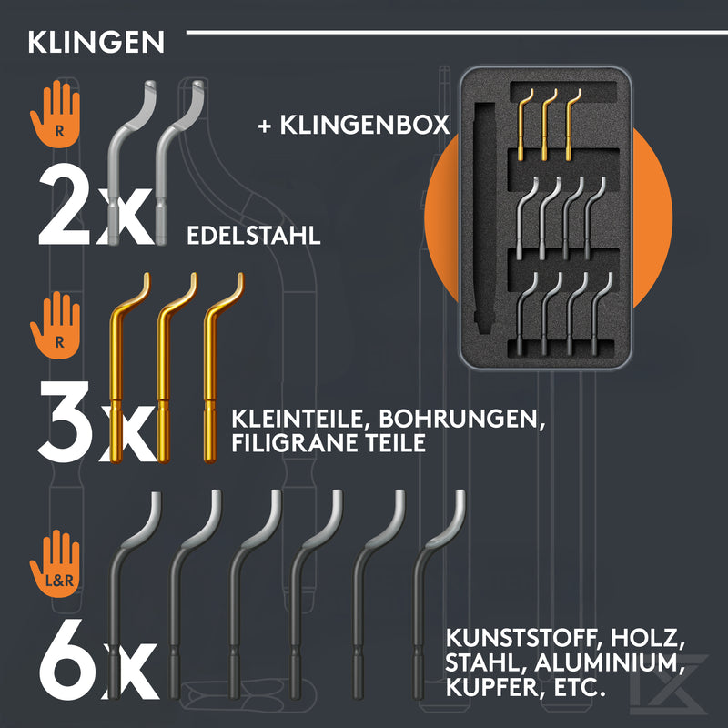 ruthex Entgrater inkl. 11 Klingen für Kunststoff, Metall, Edelstahl, Kupfer - ideal im 3D Druck - Handentgrater mit STAUFACH im Griff - 360° rotierende Klingen - Entgraterklingen für Bohrungen