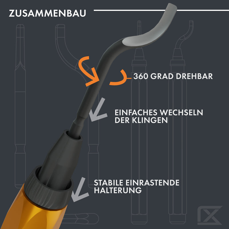 ruthex Entgrater inkl. 11 Klingen für Kunststoff, Metall, Edelstahl, Kupfer - ideal im 3D Druck - Handentgrater mit STAUFACH im Griff - 360° rotierende Klingen - Entgraterklingen für Bohrungen