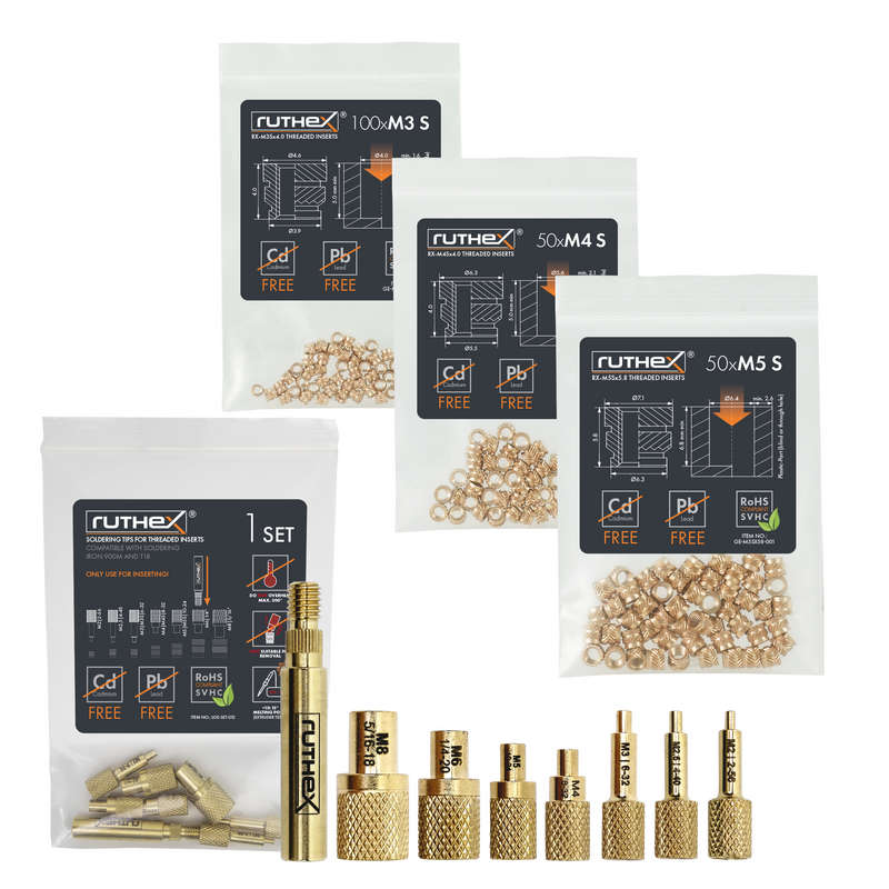 Ruthex M3S + M4S + M5S Lot d'inserts à filetage court + jeu de pannes à souder – 100 + 50 + 50 douilles filetées en laiton pour impression 3D de pièces en plastique