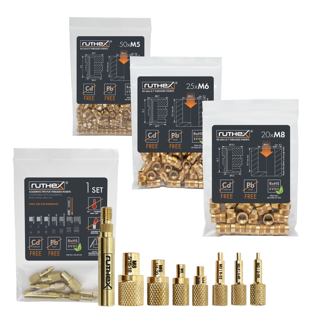 Ruthex M5 + M6 + M6 thread inserts bundle + soldering tip set