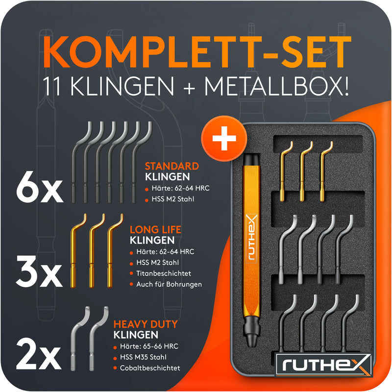 ruthex Entgrater in Metallbox inkl. 11 Klingen für Kunststoff, Metall, Edelstahl - ideal im 3D Druck - Handentgrater mit Griffstaufach - zusätzliche titanbeschichtete Entgraterklingen für Bohrungen