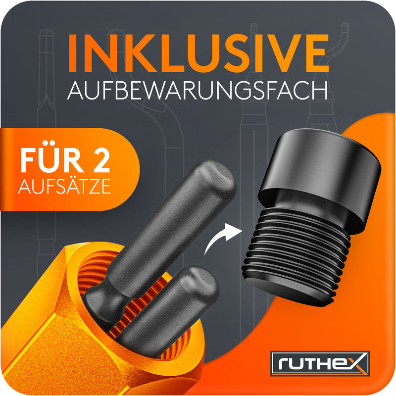 ruthex Entgrater in Metallbox inkl. 11 Klingen für Kunststoff, Metall, Edelstahl - ideal im 3D Druck - Handentgrater mit Griffstaufach - zusätzliche titanbeschichtete Entgraterklingen für Bohrungen