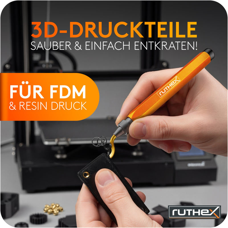 ruthex Entgrater in Metallbox inkl. 11 Klingen für Kunststoff, Metall, Edelstahl - ideal im 3D Druck - Handentgrater mit Griffstaufach - zusätzliche titanbeschichtete Entgraterklingen für Bohrungen