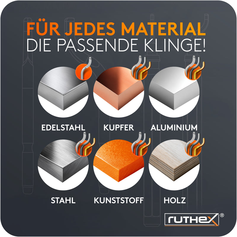 ruthex Entgrater in Metallbox inkl. 11 Klingen für Kunststoff, Metall, Edelstahl - ideal im 3D Druck - Handentgrater mit Griffstaufach - zusätzliche titanbeschichtete Entgraterklingen für Bohrungen