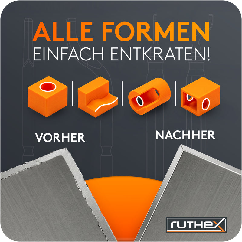 ruthex Entgrater in Metallbox inkl. 11 Klingen für Kunststoff, Metall, Edelstahl - ideal im 3D Druck - Handentgrater mit Griffstaufach - zusätzliche titanbeschichtete Entgraterklingen für Bohrungen