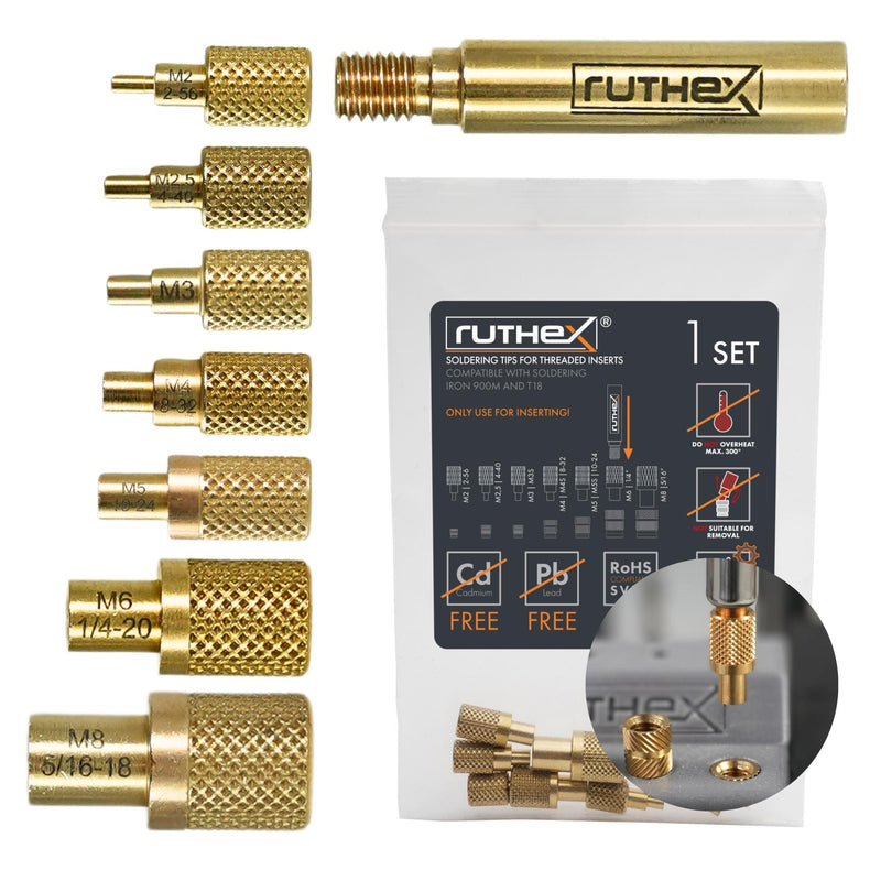 Ruthex 7x pannes à souder / kit d'aide à la fusion - pointes de fer à souder pour inserts filetés ISO M2 / M2.5 / M3 / M4 / M5 / M6 / M8 - UNC #2-56 / #4-40 / #8-32 / #10 -24 / 1/ 4"