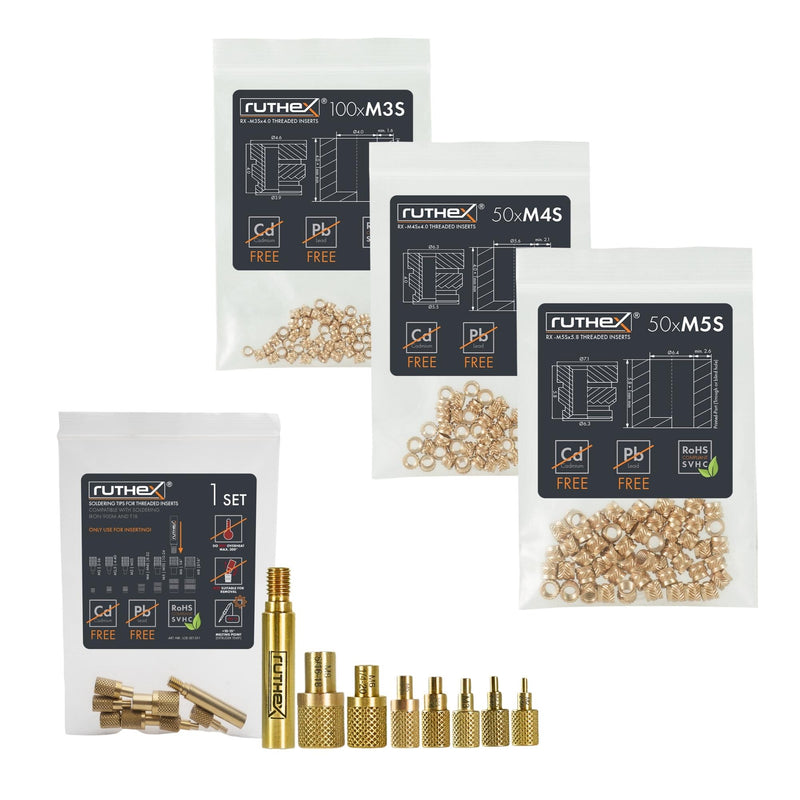 Ruthex M3S + M4S + M5S Short Thread Insert Bundle + Soldering Tip Set - 100 + 50 + 50 Pieces Brass Threaded Sockets for 3D Printing Plastic Parts