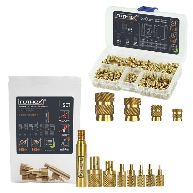 ruthex M2 + M3 + M4 + M5 thread inserts assortment box + soldering tips set - 70 + 100 + 50 + 50 pieces brass threaded sockets for 3D printed plastic parts