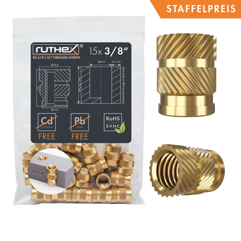 Ruthex 3/8" insert fileté pouce (UNC) - 15 pièces bagues filetées en laiton RX-3/8-16-x12.7 pour pièces en plastique imprimées en 3D