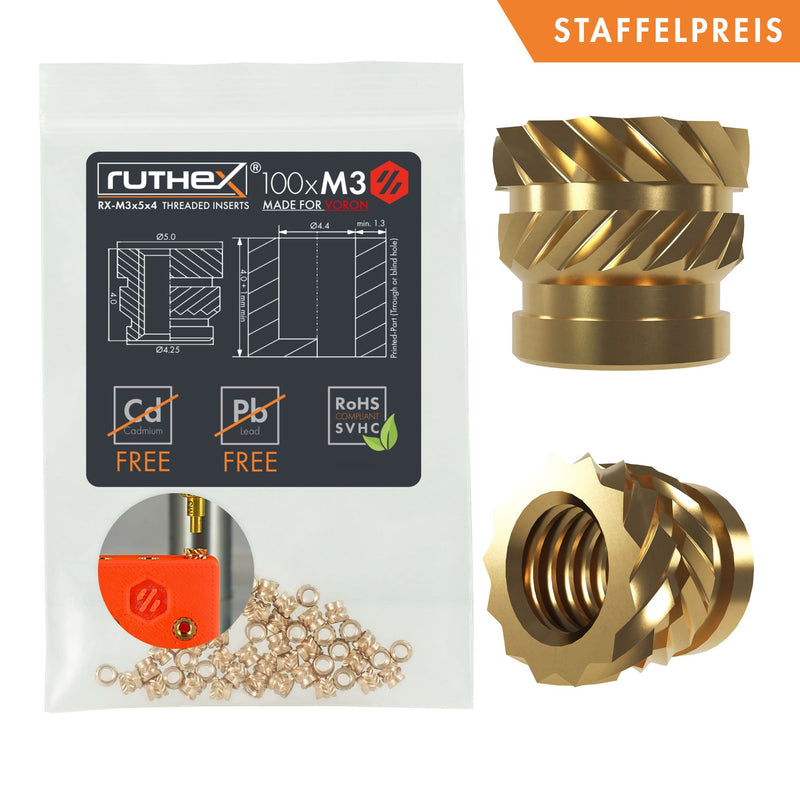 ruthex M3x5x4 thread insert - Made for VORON - 100 pieces RX-M3x5x4 brass threaded bushings for 3D printed plastic parts