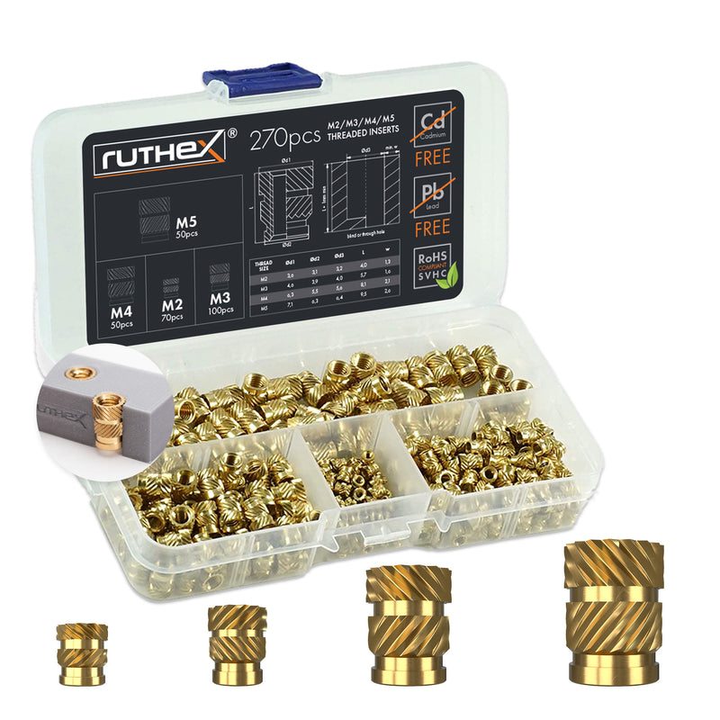 Ruthex M2 / M3 / M4 / M5 boîte d'assortiment d'inserts filetés 70/100/50/50 pièces bagues filetées en laiton pour pièces en plastique imprimées en 3D