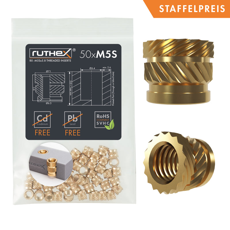 ruthex M5 SHORT thread insert - 50 pieces RX-M5Sx5.8 brass threaded bushings for 3D printed plastic parts