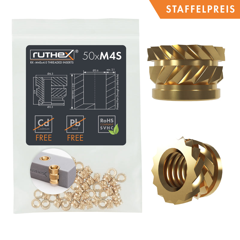 ruthex M4 SHORT thread insert - 50 pieces RX-M4Sx4.0 brass threaded bushings for 3D printed plastic parts