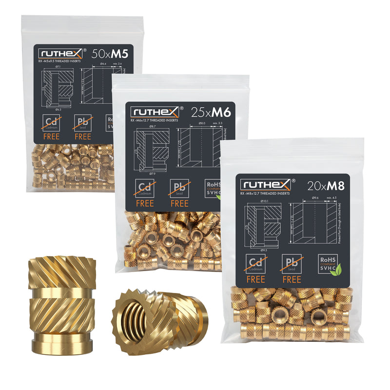 Ruthex M5 + M6 + M8 thread insert bundle - 50 + 25 + 20 pieces brass threaded bushings for 3D printing plastic parts
