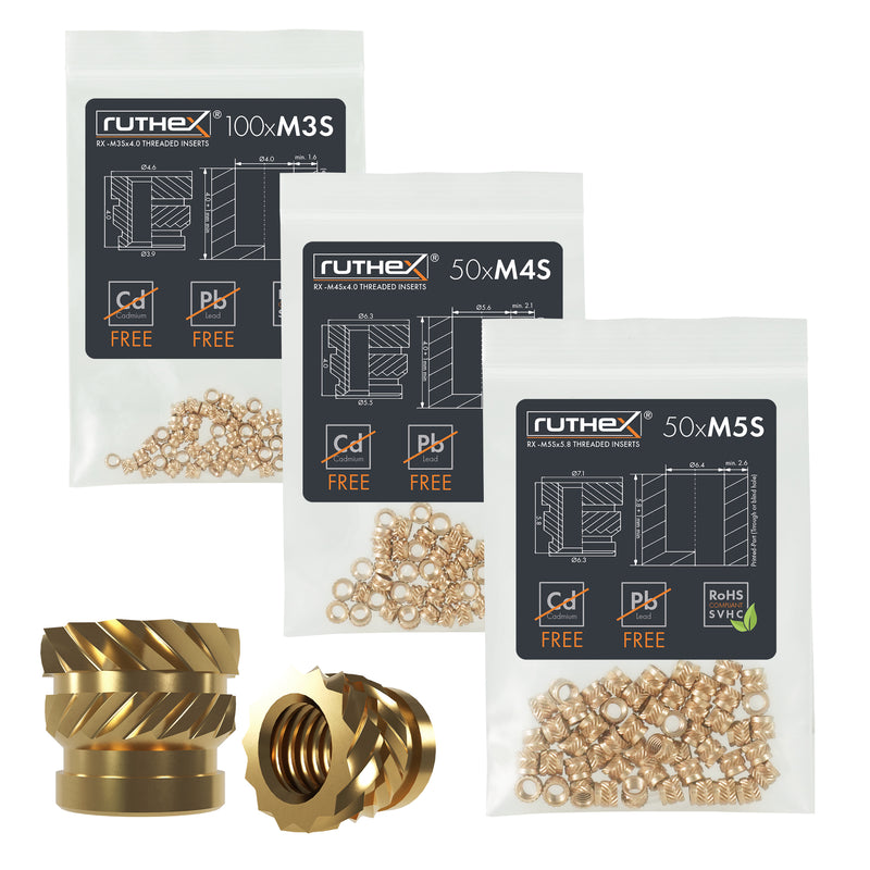 ruthex M3S + M4S + M5S thread inserts bundle - for 3D printing
