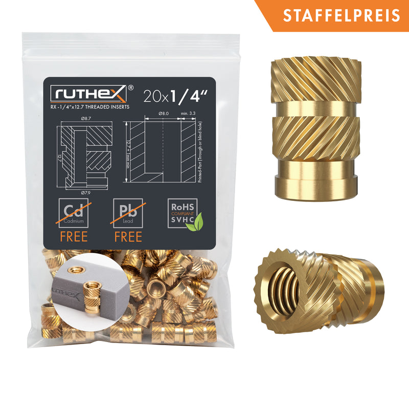 ruthex 1/4" Gewindeeinsatz Kameragewinde Zoll (UNC) – 20 Stück RX-1/4“-20x12,7 Messing Gewindebuchsen für 3D Druck-Teile aus Kunststoff