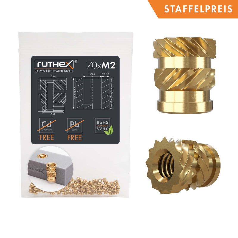 ruthex M2 thread insert - 70 pieces RX-M2x4 brass threaded bushings for 3D printed plastic parts