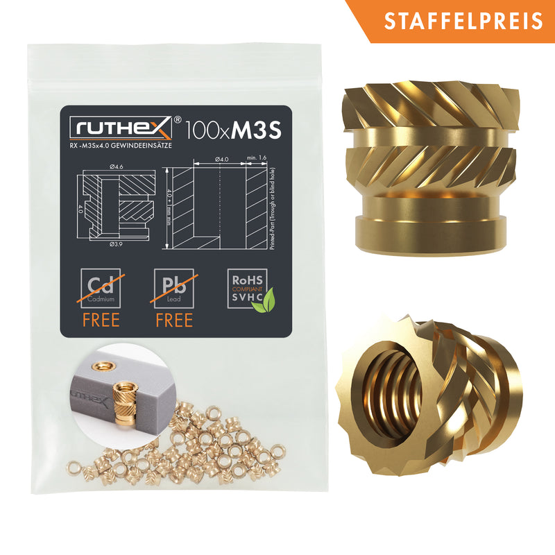ruthex M3 SHORT thread insert - 100 pieces RX-M3Sx4.0 brass threaded bushings for 3D printed plastic parts