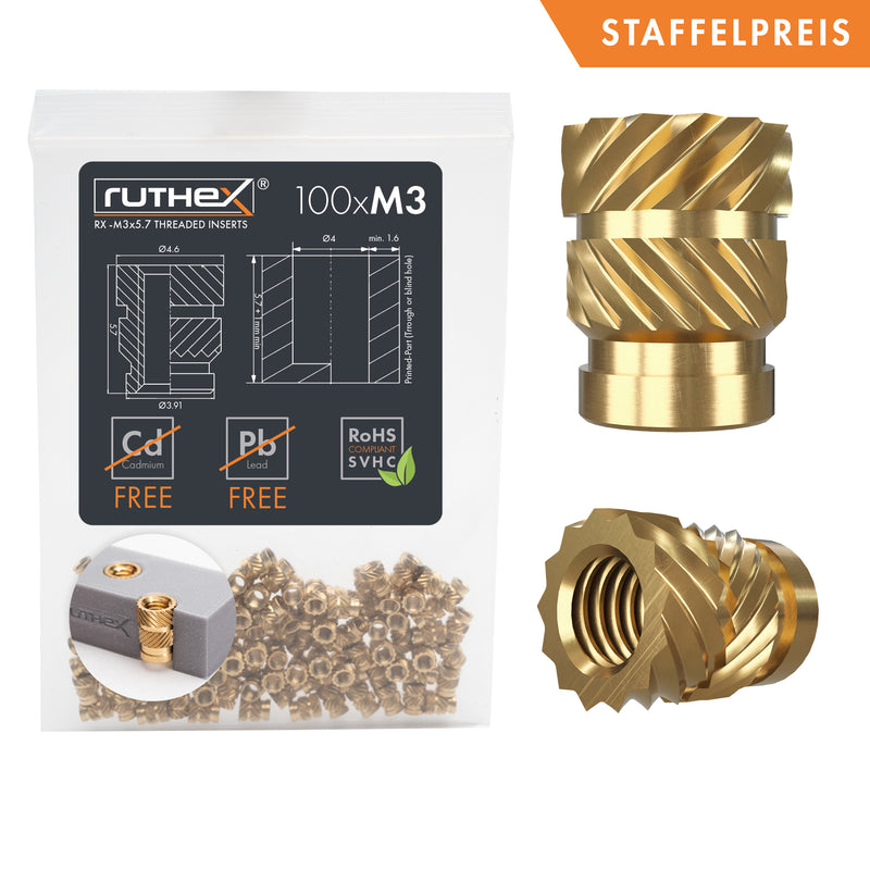 ruthex M3 thread insert - 100 pieces RX-M3x5.7 brass threaded bushings for 3D printed plastic parts