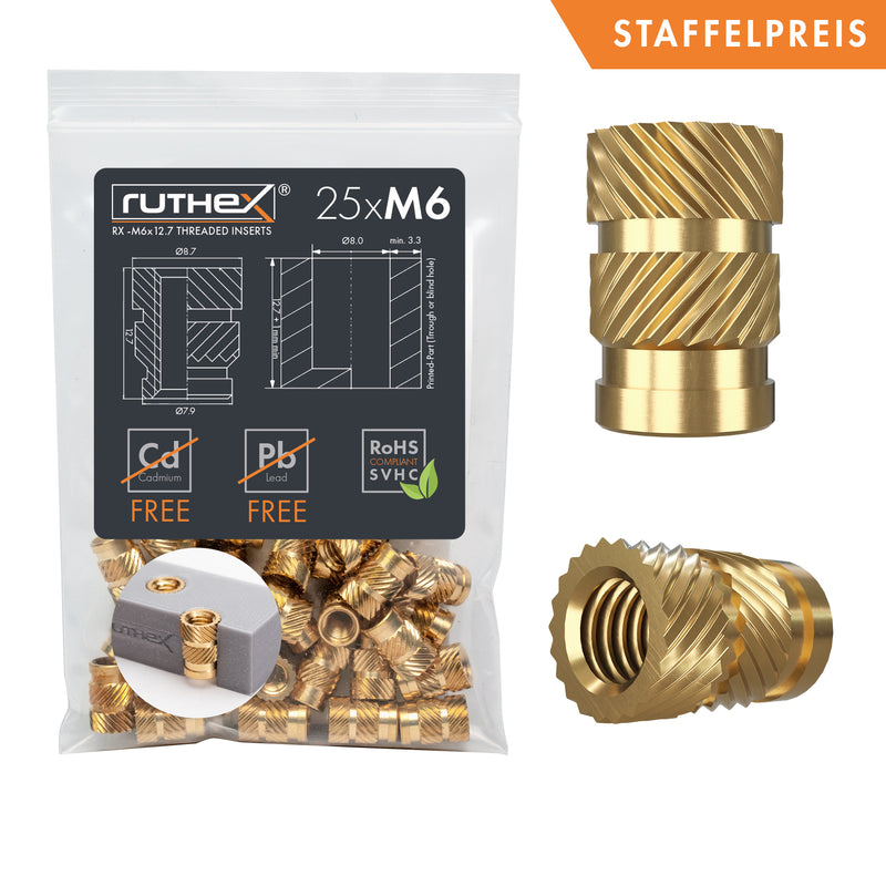 ruthex M6 Gewindeeinsatz - 25 Stück RX-M6x12.7 Messing Gewindebuchsen für 3D Druck-Teile aus Kunststoff