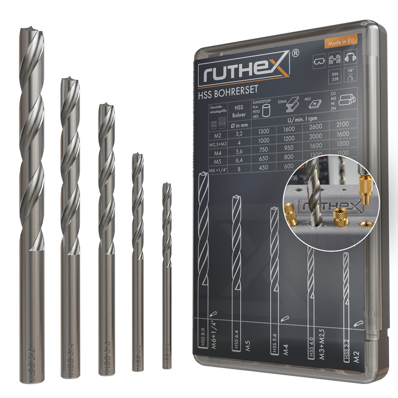 ruthex HSS drill set for thread inserts - M2, M2.5, M3, M4, M5, M6 &amp; 1/4" - drilling in plastic, PLA, PETG, and much more - 3.2 + 4 + 5.6 + 6.4 + 8mm ∅